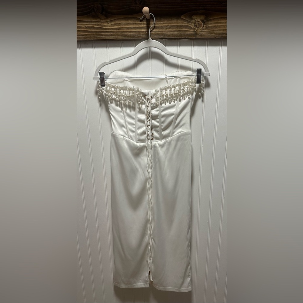 Pearl embellished strapless corset white midi dress side zip back tie sz s - Picture 2 of 10
